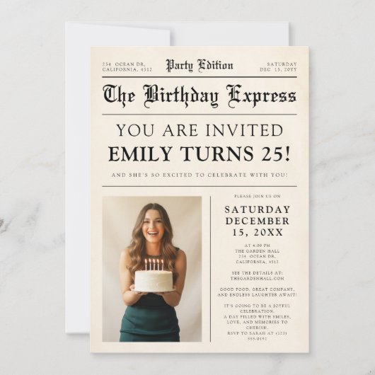 Invitation Vintage Newspaper Fun Photo 25th Birthday Party (Devant)