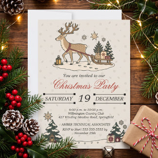 Invitation Vintage Noël Cerf Traîneau Fête Nordique