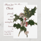 Invitation Vintage Noël, Green Holly Plante avec baies (Devant / Derrière)