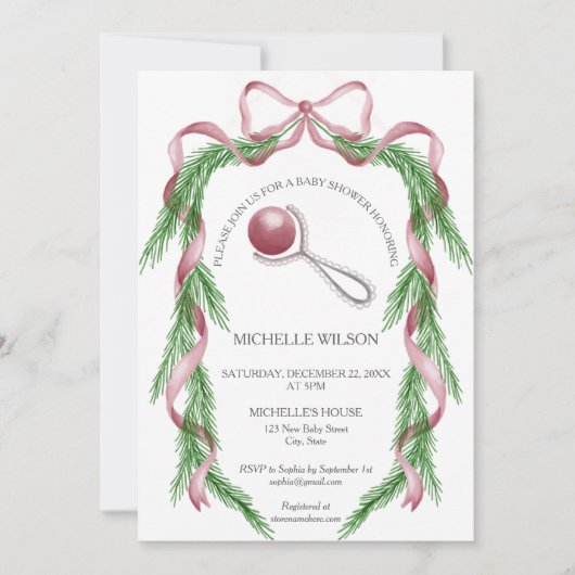 Invitation Vintage Noël hiver verdure Bow rose (Devant)