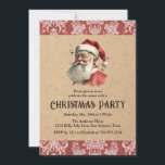 Invitation Vintage Noël Père Noël Fête<br><div class="desc">Un Père Noël vintage avec une frontière de toile rouge décore cette invitation de fête de Noël. Une élégante invitation à votre fête de Noël de vacances. Conçu pour vous par Blackberry Boulevard.</div>