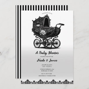 Invitation Vintage noir Baby shower de transport Pram