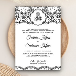 Invitation Vintage noir et blanc dentelle Mariage islamique