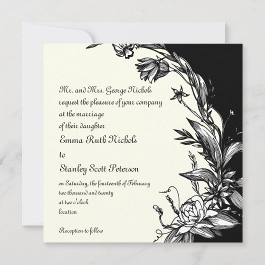 Invitation Vintage noir fleurs blanches ivoire fleurie mariag (Devant)