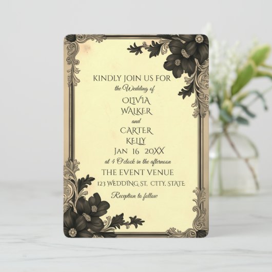 Invitation Vintage Noir Floral Scroll (Debout devant)