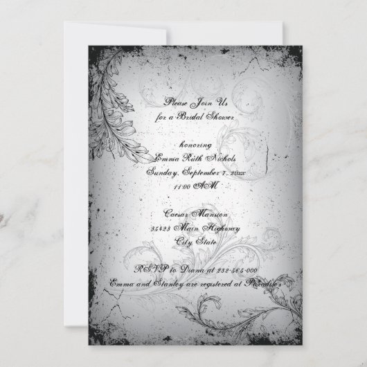 Invitation Vintage noir gris feuillet douche nuptiale (Devant)