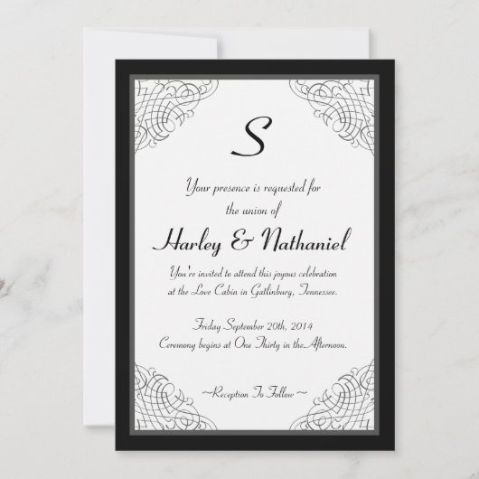 Invitation Vintage noir monogramme encadré (Devant)