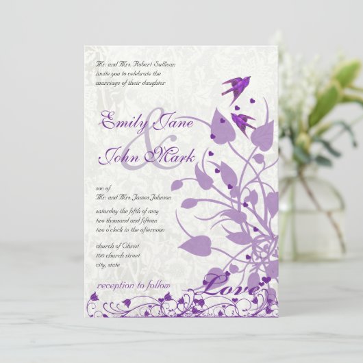 Invitation Vintage Oiseaux pourpres Coeurs Mariage invite (Debout devant)
