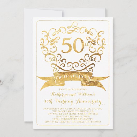 Invitation vintage or pour les 50 ans de mariage (Devant)