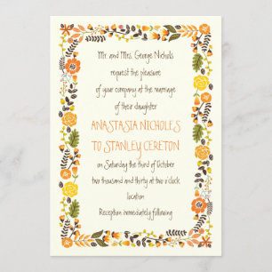 Invitation Vintage orange jaune floral bordure mariage modern