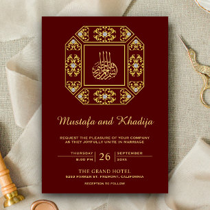 Invitation Vintage Ornate Gold Damask Rouge Mariage islamique