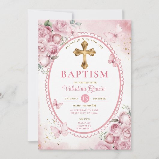Invitation Vintage Oval Papillon rose Fille Baptême Croix (Devant)