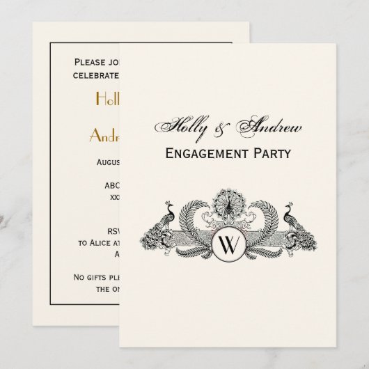 Invitation Vintage Paons Monogramme Ivoire BG (Devant / Derrière)