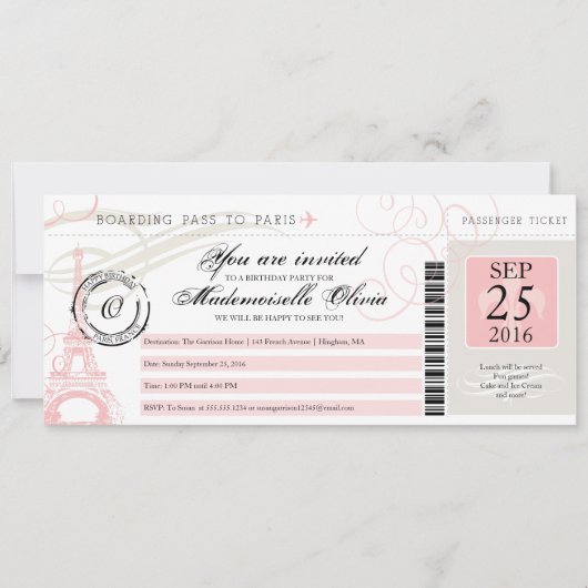 Invitation Vintage Paris France Anniversaire Pass d'embarquem (Devant)