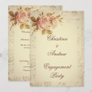 Invitation Vintage Paris Postmarks Chic Rose Fiançailles