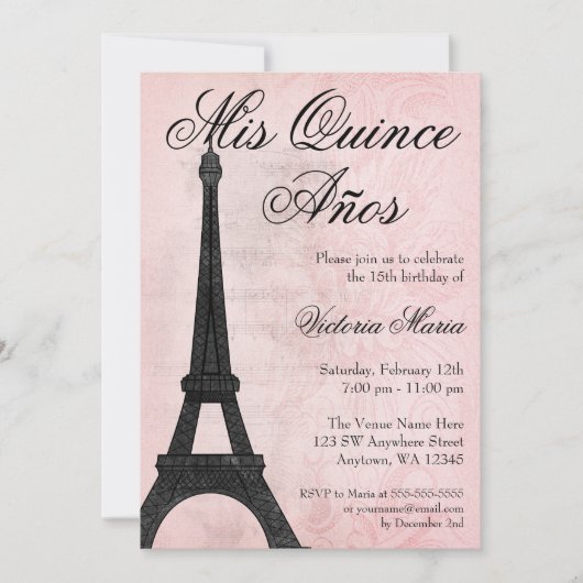 Invitation Vintage Paris Rose Noir Sweet 15 Quinceanera (Devant)
