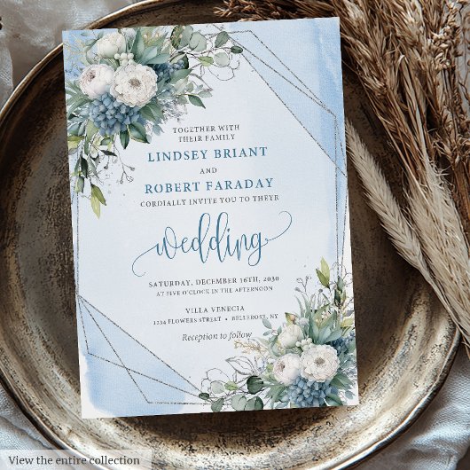 Invitation Vintage Pastel Bleu Blanc Argent Rose Mariage