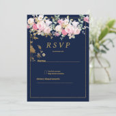 Invitation Vintage pastel flowers gold navy blue RSVP (Debout devant)