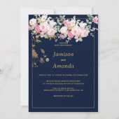 Invitation Vintage pastel flowers gold navy blue Wedding (Devant)