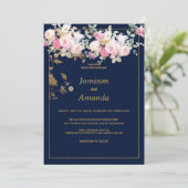 Invitation Vintage pastel flowers gold navy blue Wedding (Debout devant)