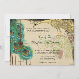 Invitation Vintage Peacock Bird Cage Feather Mariage Inviter