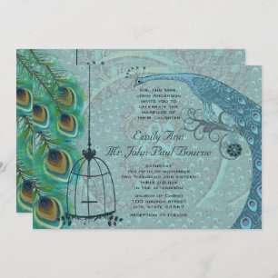 Invitation Vintage Peacock Bird Cage Feather Mariage Inviter