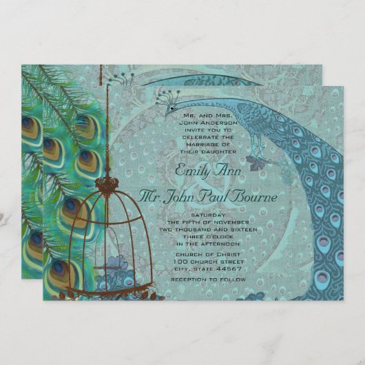 Invitation Vintage Peacock Bird Cage Feather Mariage Inviter (Devant / Derrière)