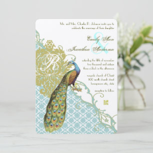 Invitation Vintage Peacock bleu et vert Mariage damassé