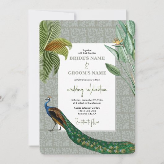 Invitation Vintage Peacock Feather Tropical Greenery Mariage (Devant)