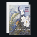 Invitation Vintage Peacock Peonies Double Xi Mariage chinois<br><div class="desc">Superbe, glamour et rare reproduction d'une peinture originale d'aquarelle chinoise fleurie et d'oiseau représentant une paire de paons profitant de la floraison printanière. Conçu pour vos mariages, fiançailles, anniversaires ou autres célébrations sur le thème asiatique ou chinois. Tous les textes par défaut peuvent être entièrement customisés avec vos propres mots,...</div>