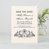 Invitation Vintage Peacocks Monogram Ivory BG (Debout devant)
