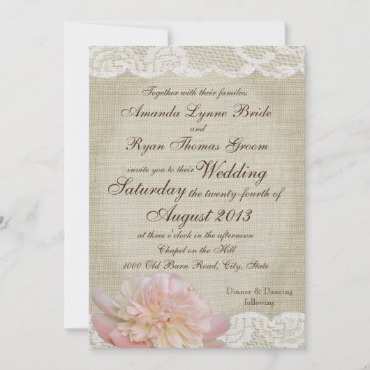 Invitation Vintage Peony et Mariage de dentelle (Devant)