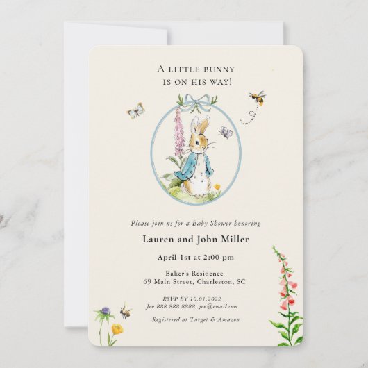 Invitation Vintage Peter Rabbit Bleu bébé garçon douche (Devant)