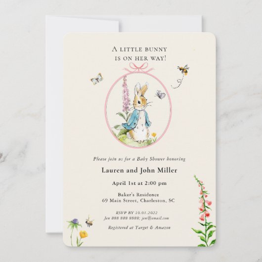 Invitation Vintage Peter Rabbit rose bébé fille Douche (Devant)