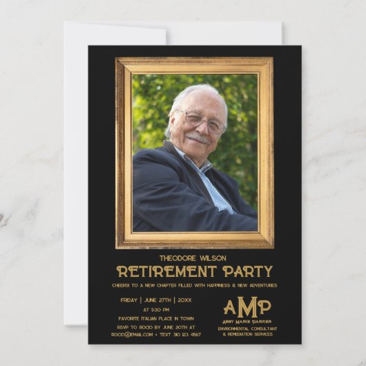 Invitation Vintage Photo Frame Black Retirement Party (Devant)
