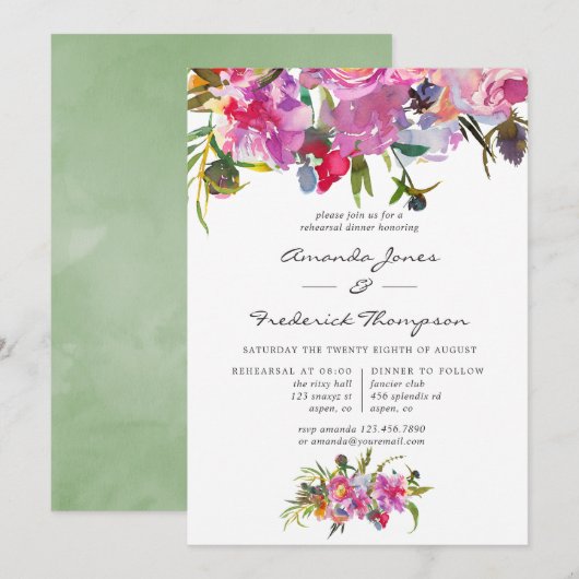 Invitation Vintage Pink Peonies Aquarelle Dîner de répétition (Devant / Derrière)