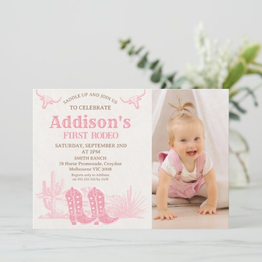 Invitation Vintage Pink Photo Cowgirl First Rodeo Birthday (Debout devant)