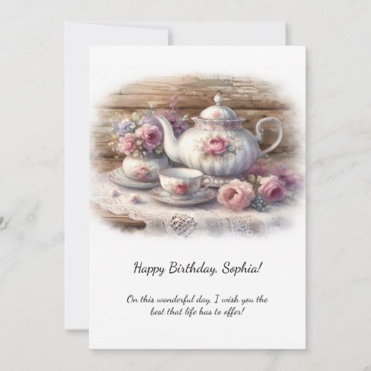 Invitation Vintage Pink Tea Setting Birthday | (Devant)