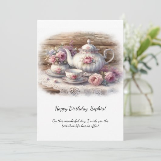 Invitation Vintage Pink Tea Setting Birthday | (Debout devant)