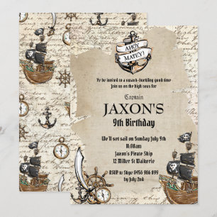 Invitation Vintage Pirate Anniversaire Fête Ahoy Matey Ancien