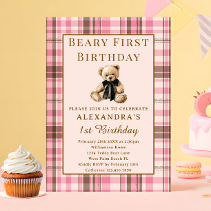 Invitation Vintage Plaid Rose Ourseau Première Fille 1er Anni