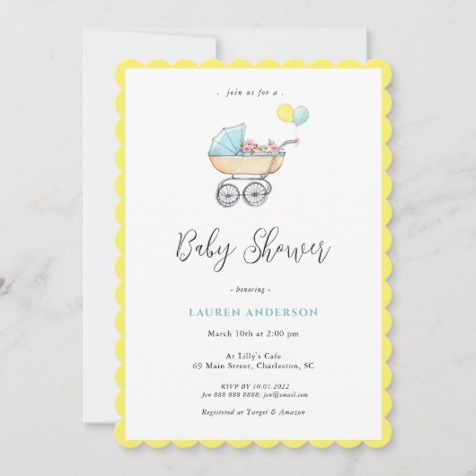 Invitation Vintage poussette avec Baby shower à fleurs (Devant)
