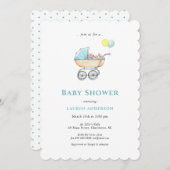 Invitation Vintage poussette Baby shower bébé garçon (Devant / Derrière)