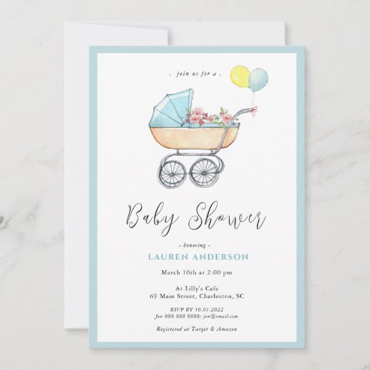 Invitation Vintage poussette bébé Baby shower garçon Invitati (Devant)