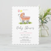 Invitation Vintage poussette rose Baby shower fille Invitatio (Debout devant)