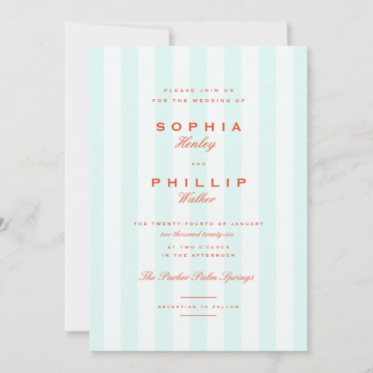Invitation Vintage Preppy Stripes Turquoise Orange Mariage (Devant)