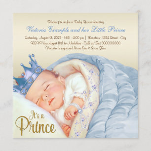 Invitation Vintage Prince Bébé Bleu Baby shower or