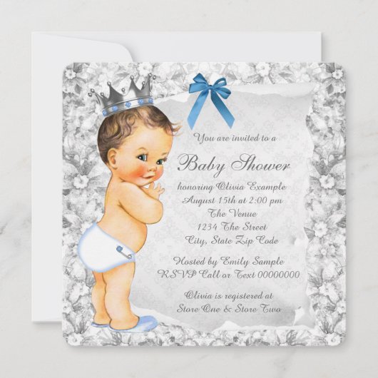 Invitation Vintage Prince Blue et Baby shower gris (Devant)