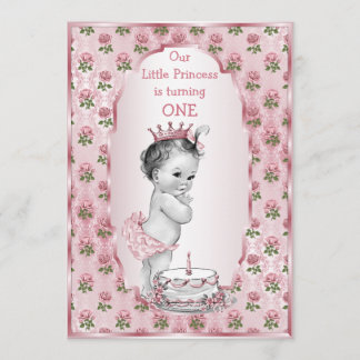 Invitation Vintage Princesse Bébé Roses roses 1er gâteau d'an