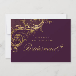 Invitation Vintage Purple Gold Damask Script Bridesmaid